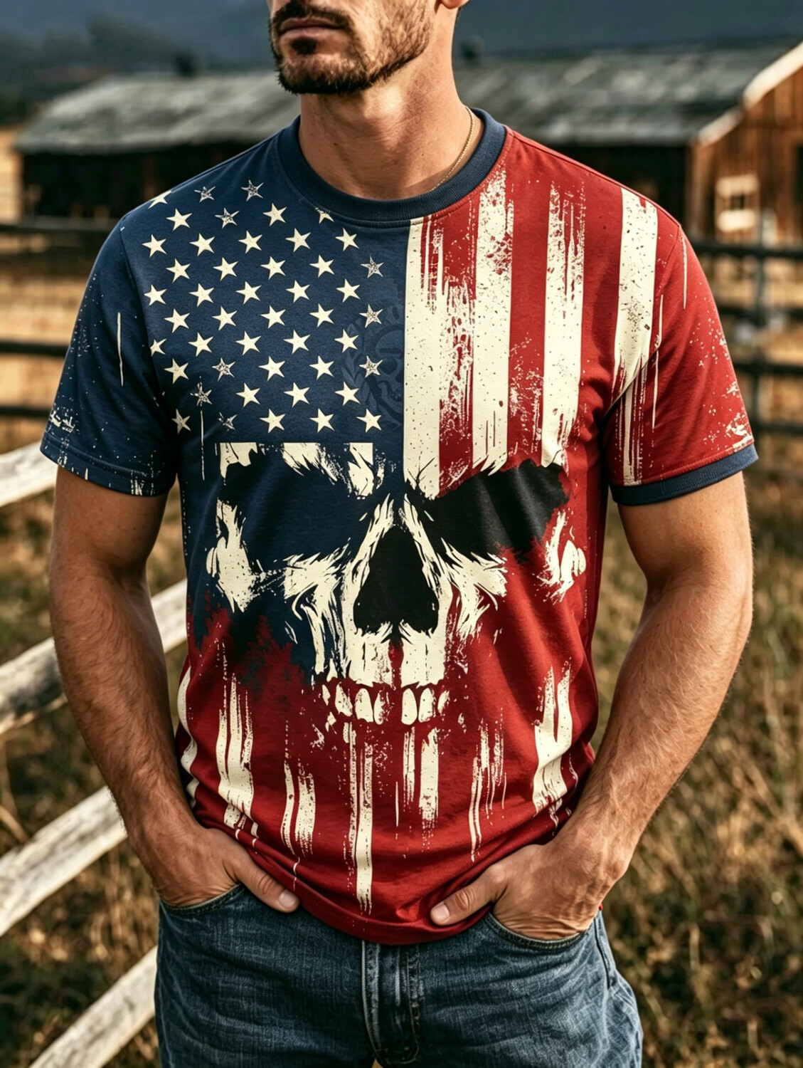 Men's Vintage Distressed US Flag Skull Art Print Casual T-Shirt