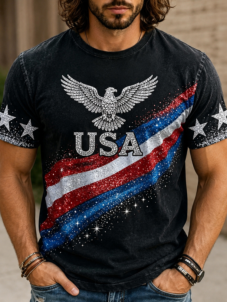 Men's American Independent Day Illustration Print Casual T-Shirt