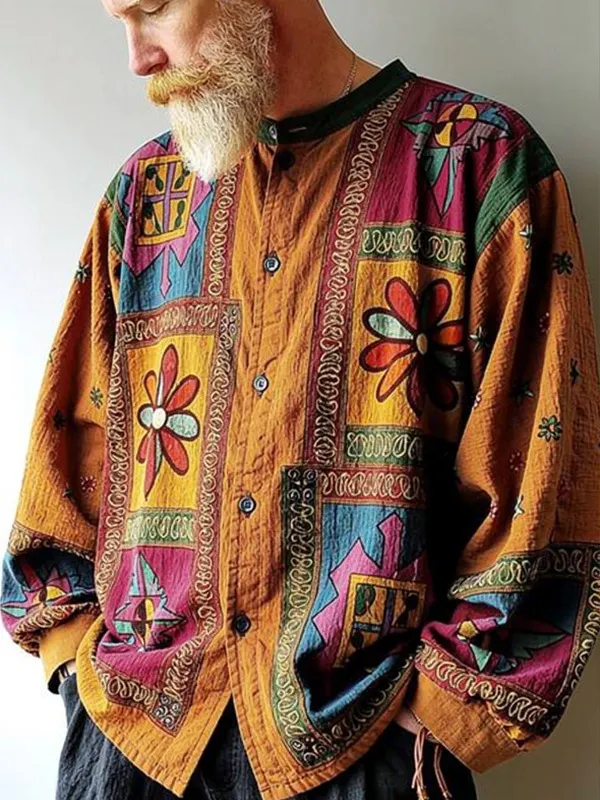 Men's Retro Bohemian Floral Print Long Sleeve Shirt