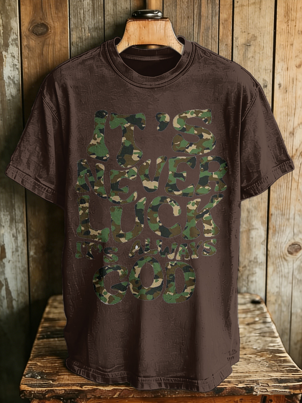Men's Camo Pattern It's Never Luck It's Always God Print Cotton Casual T-Shirt