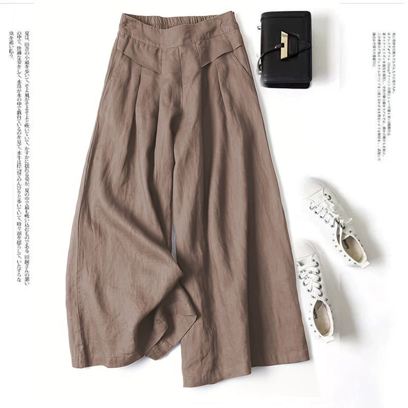 Women's Cotton Linen Culottes Pants Elastic Waist Wide Leg Palazzo Trousers Capri Pants with Pockets