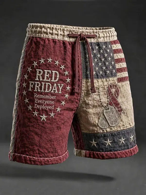 Men's Remember Everyone Deployed Stars and Stripes Print Casual Shorts