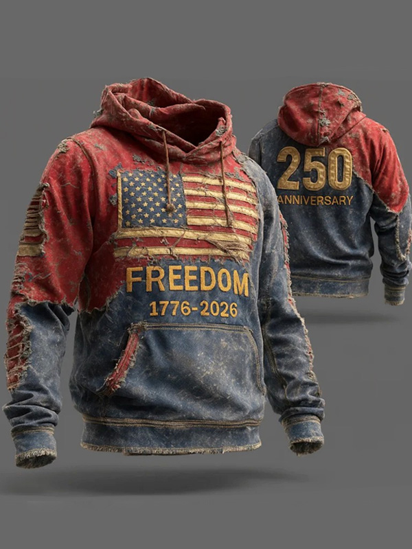 Men's American Flag Freedom 1776-2026 Colorblock Art Print Pocket Hoodie