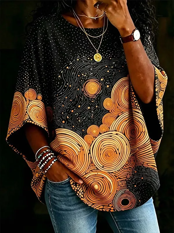Women's Retro Abstract Circular Geometric Print Casual V Neck T-Shirt