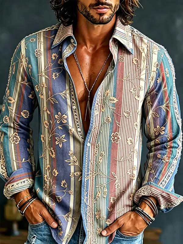 Men's Vintage Floral Stripes Ethnic Art Print Long Sleeve Shirt