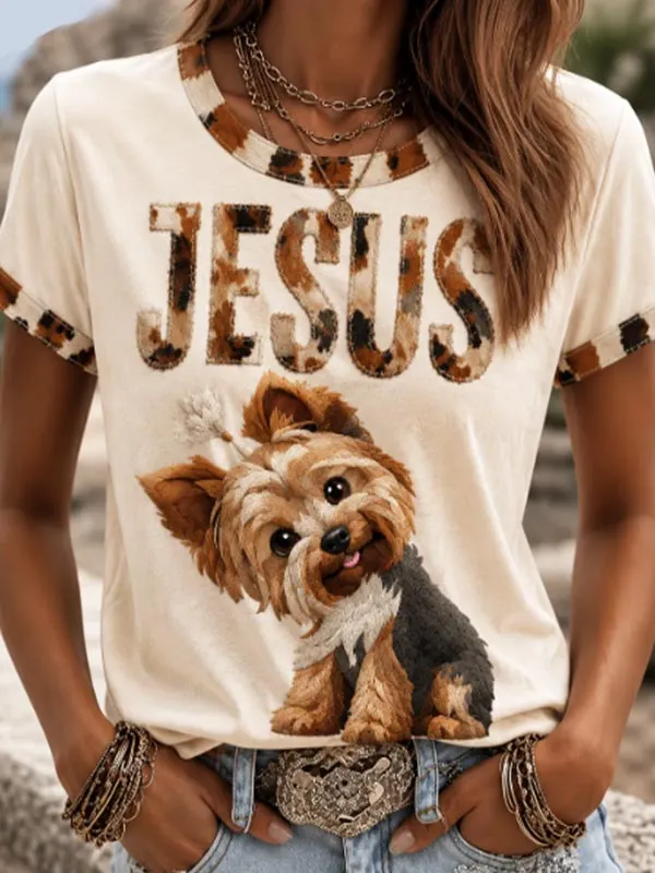 Women's Cute Puppy Graphic Jesus Print Casual T-Shirt