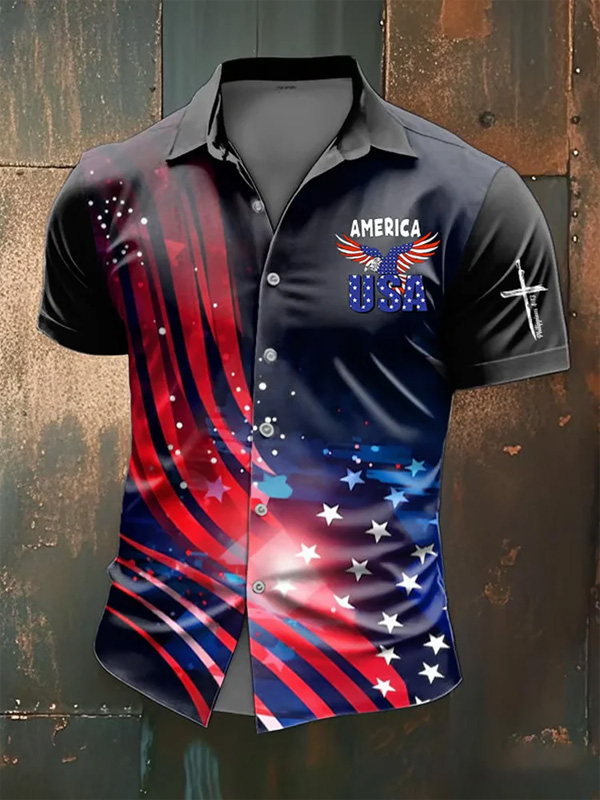 **American Pride Shirt: Men's USA Flag And Eagle Graphic Color Block Art Print Short Sleeve**