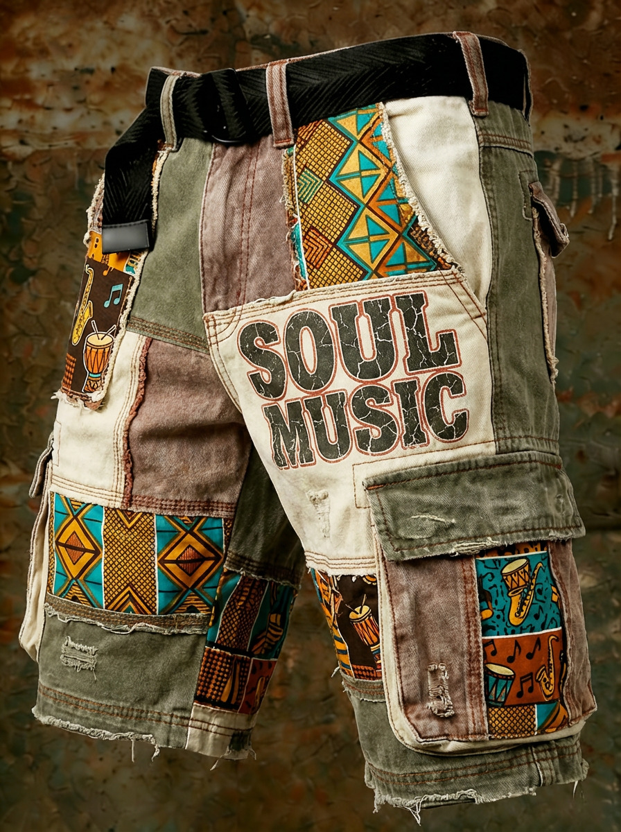 Men's Soul Music African Tribal Patchwork Distressed Art Print Denim-Like Casual Shorts
