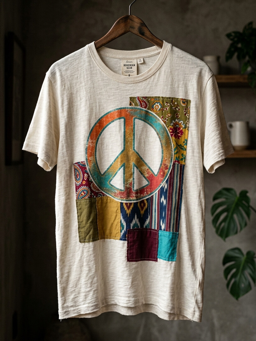 Men's Retro Tribal Floral Paisley Peace Sign Collage Art  Print Casual T-Shirt