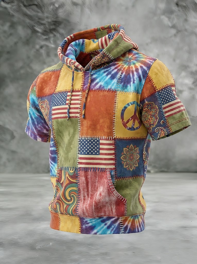 Men's Hippie Art Geometric Patchwork Print Casual Hooded T-Shirt