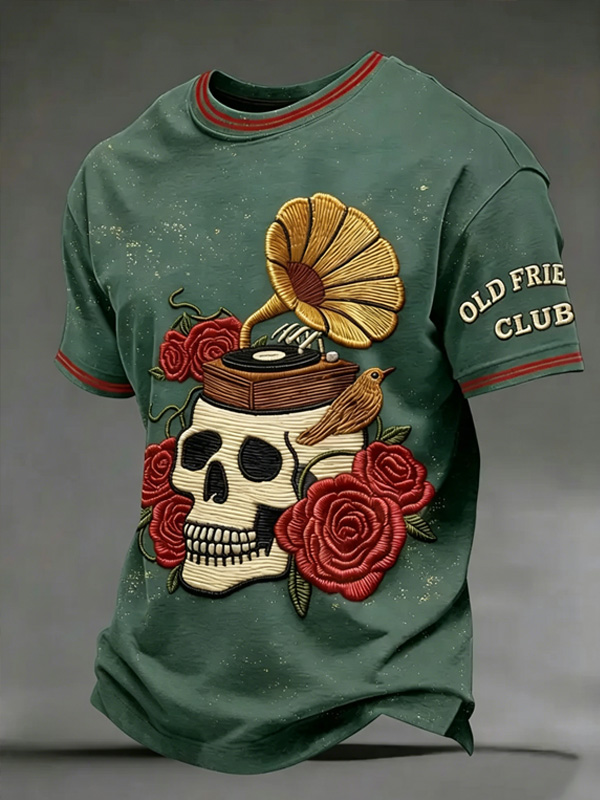 Men's Old Friend Club Retro Skeleton Floral Music Art Print T-Shirt