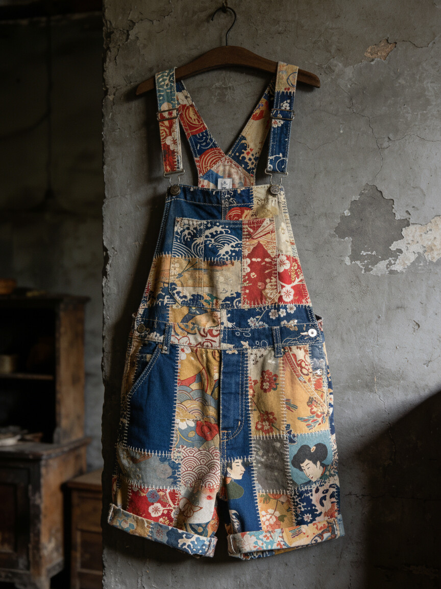 Men's Retro Geometric Japanese Art Print Denim-Like Shorts Overalls