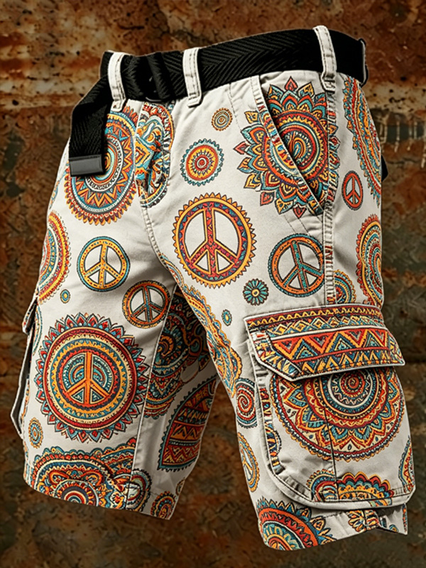 Men's Ethnic Style Peace Sign Print Cargo Shorts