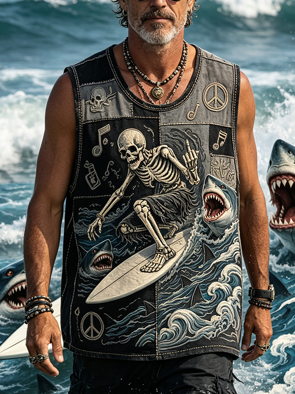 Men's Vintage Hippie Patchwork Shark Skull Surf Art Print Vacation Tank Top