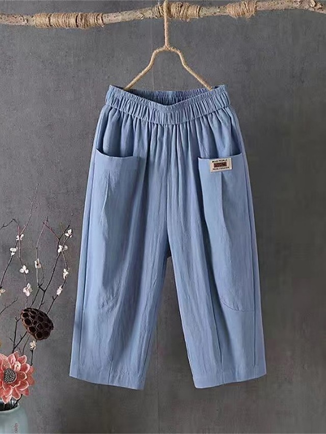 Women's Shorts Slacks Cotton Pocket High Waist Calf-Length Black Summer