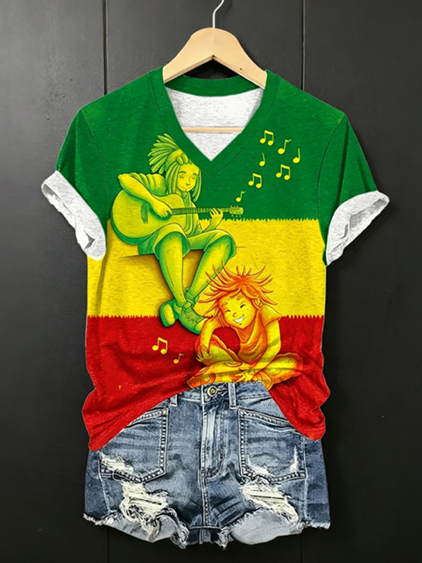 Women's Reggae Style Rasta Colors Cartoon Music Art Print V Neck Short Sleeve T-Shirt