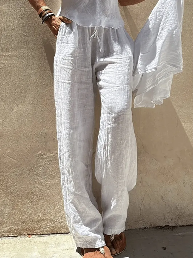 Ladies Pocket Patchwork Loose Cotton And Linen Casual Pants