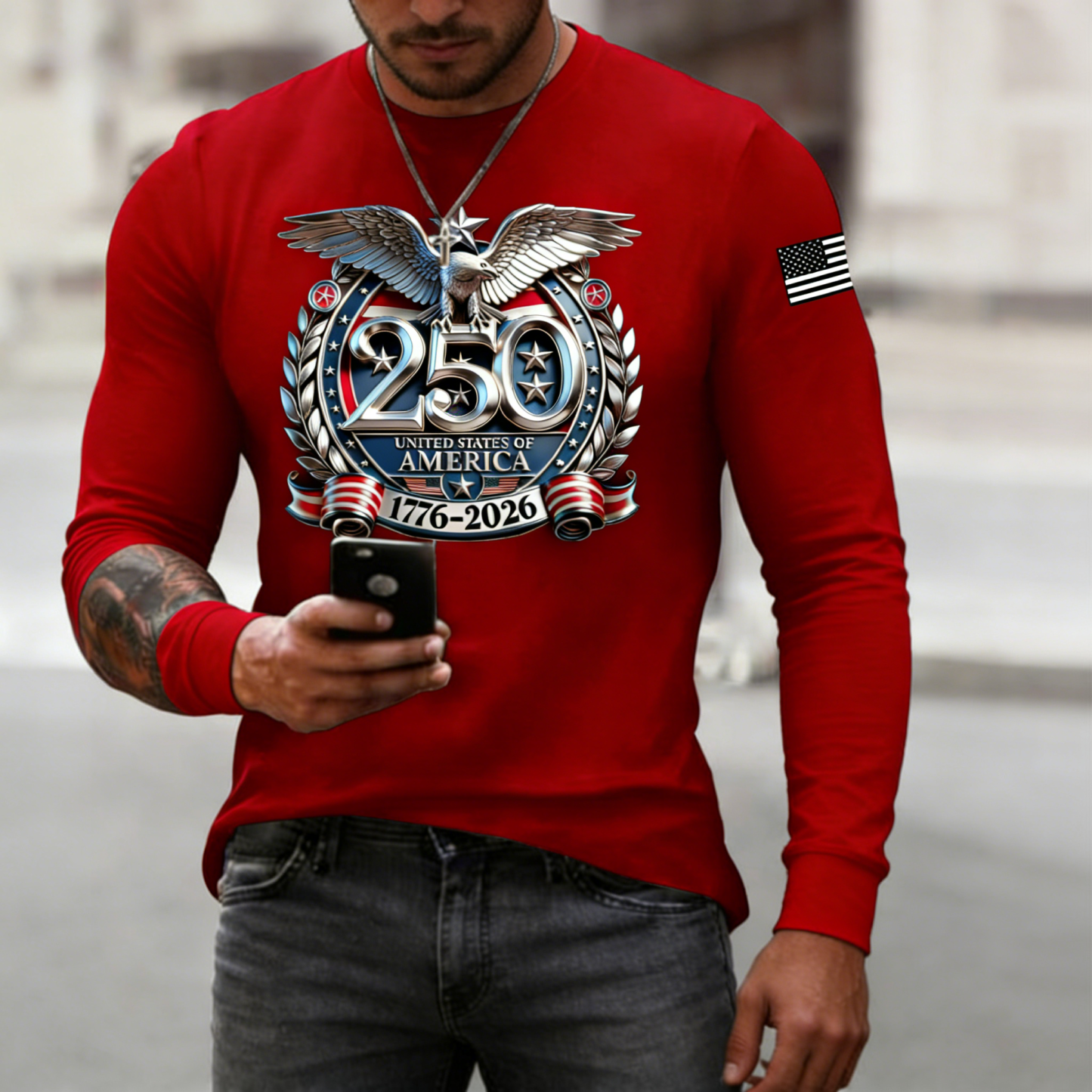 Men's USA 250th Anniversary Patriotic T-Shirt | Embroidered Bald Eagle American Flag Short Sleeve Tee