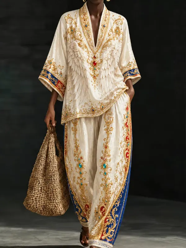 Women's Gold Baroque Wing Gemstone Print Deep V Neck Half Sleeve T-Shirt Wide Leg Pants Matching Set