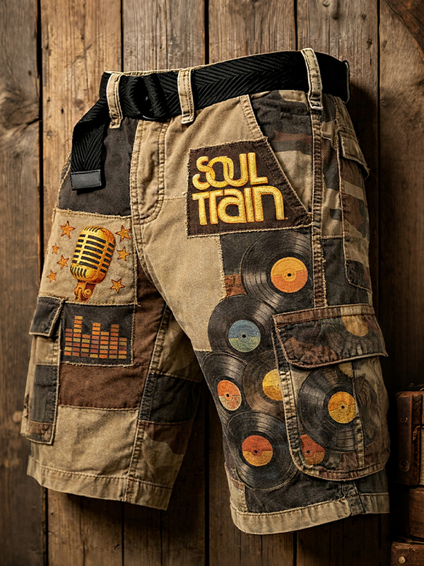 Men's Soul Train Art Print Denim-Like Casual Shorts