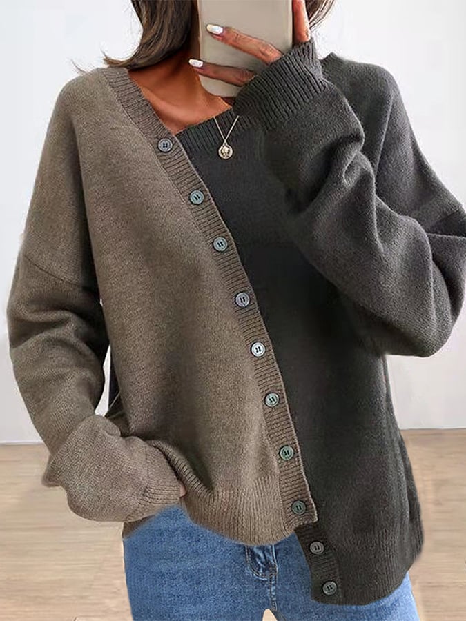 Ladies Patchwork Color Button Pullover