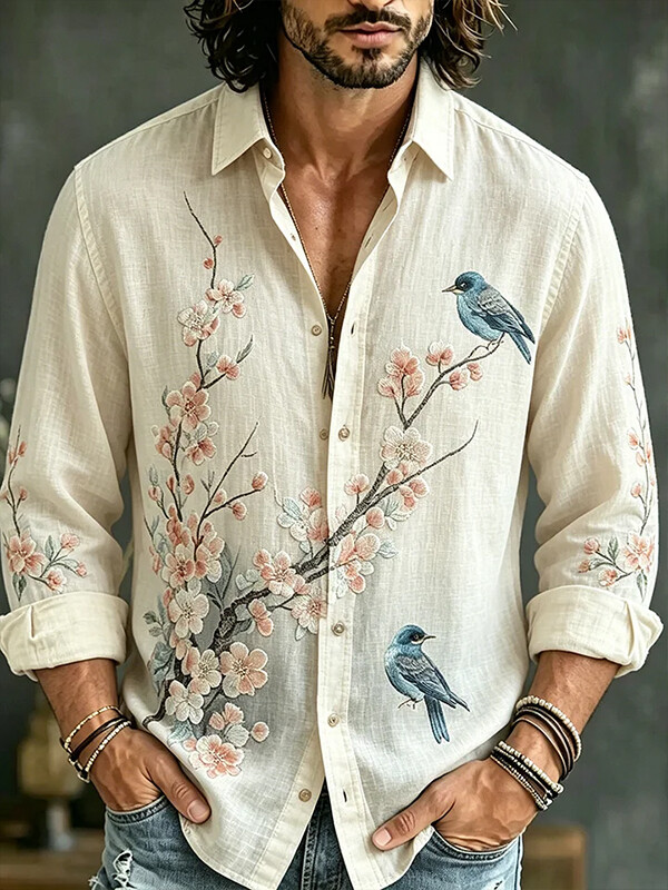 Men's Japanese Art Flowers Birds Print Long Sleeve Shirt
