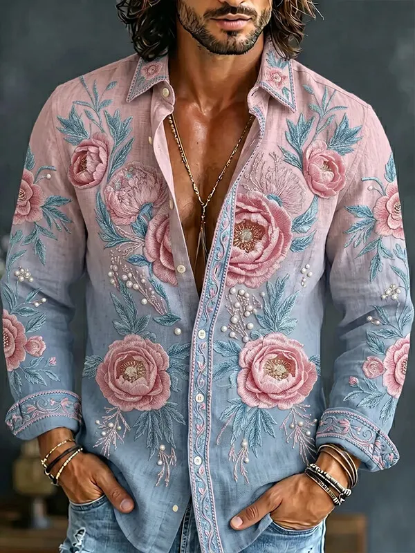 Men's Retro Floral Ombre Print Long Sleeve Shirt