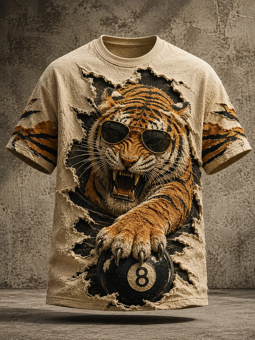 Men's 3D Torn Paper Tiger Sunglasses 8 Ball Billiards Art Print T-Shirt