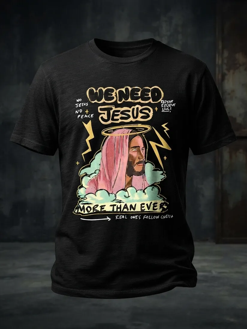 Men's We Need Jesus Halo Cloud Lightning Graffiti Print Cotton Casual T-Shirt