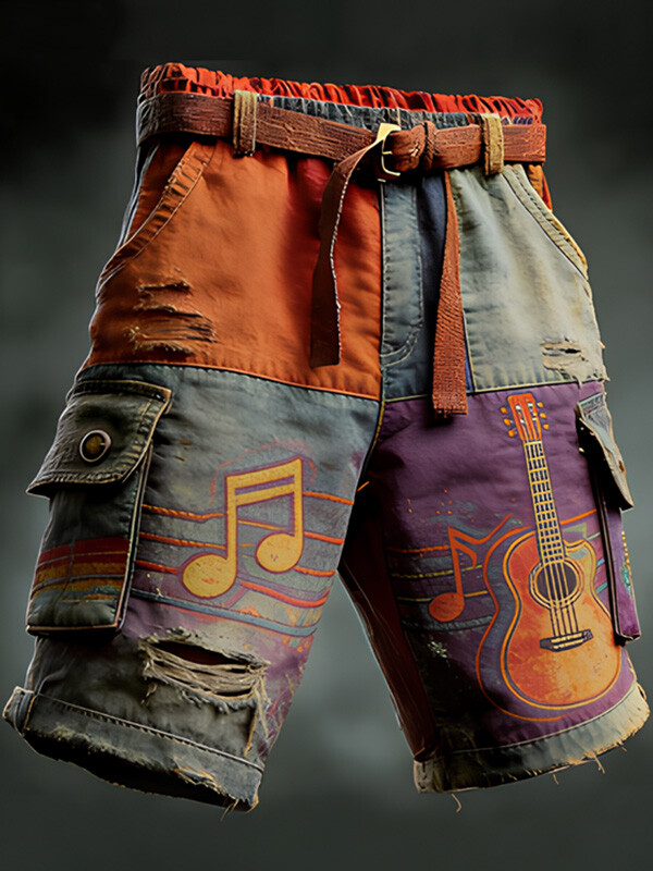Men's Retro Guitar Music Note Distressed Patchwork Art Print Denim-Like Casual Shorts