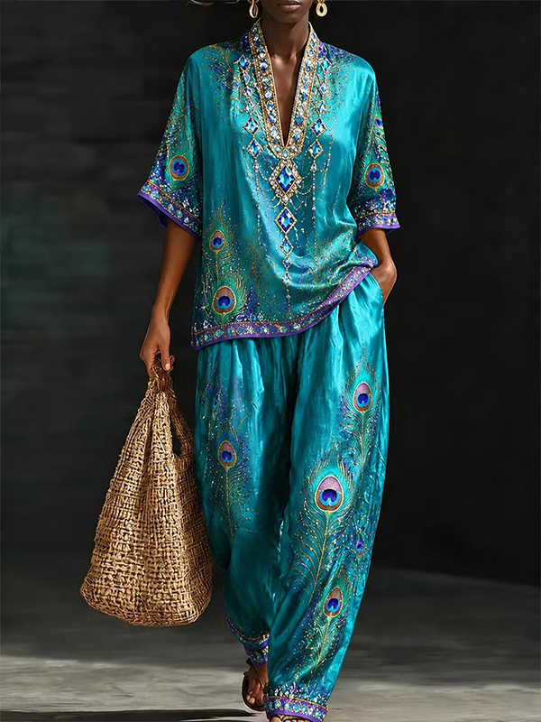 Women's Luxurious Vintage Peacock Feather Boho Print Deep V Neck Half Sleeve T-Shirt Wide Leg Pants Matching Set