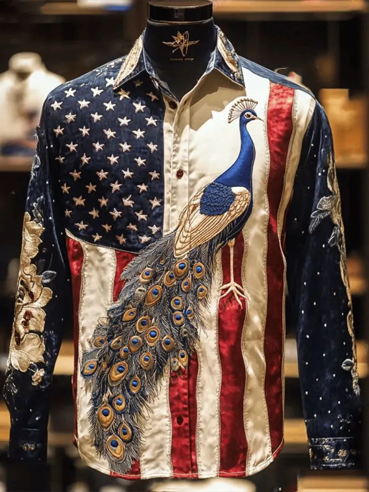 Men's American Flag Peacock Art Print Long Sleeve Shirt