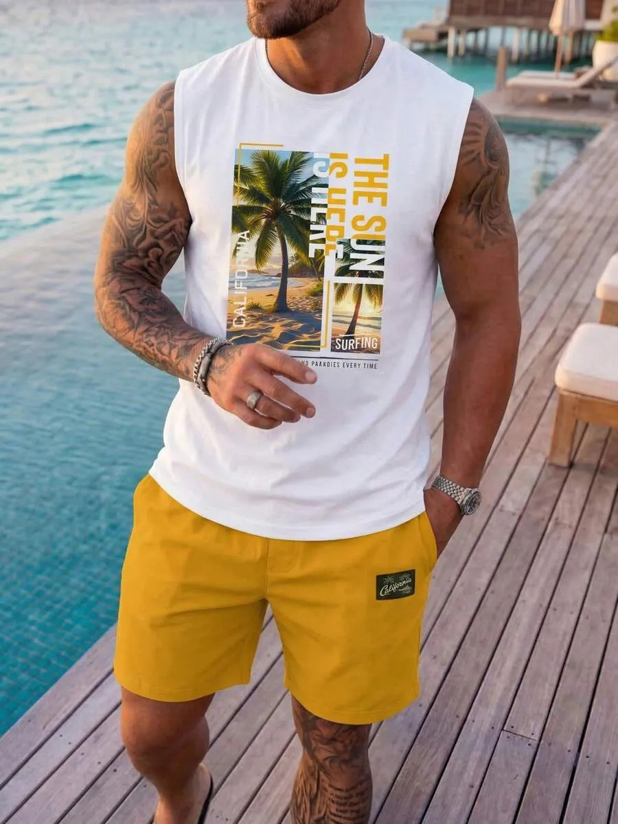 Men's California Surfing Palm Tree Art Print Summer Beach Vacation Cotton Tank Top