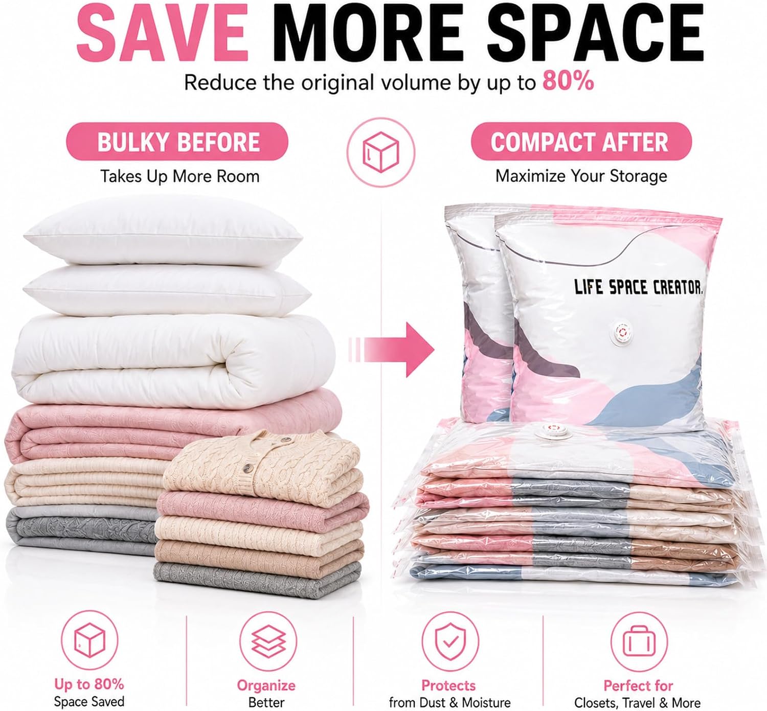 Before and after comparison showing up to 80 percent space saved