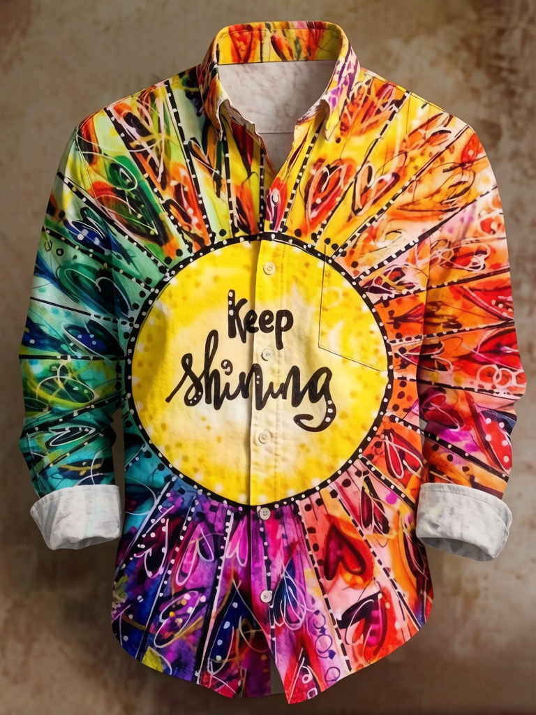 Men's Keep Shining Slogan Rainbow Hippie Art Print Long Sleeve Shirt
