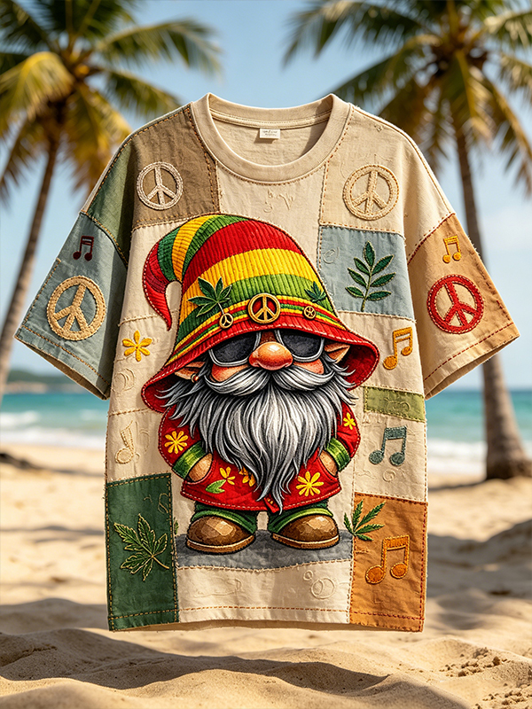 Men's Reggae Peace Gnome Patchwork Print Hippie T-Shirt