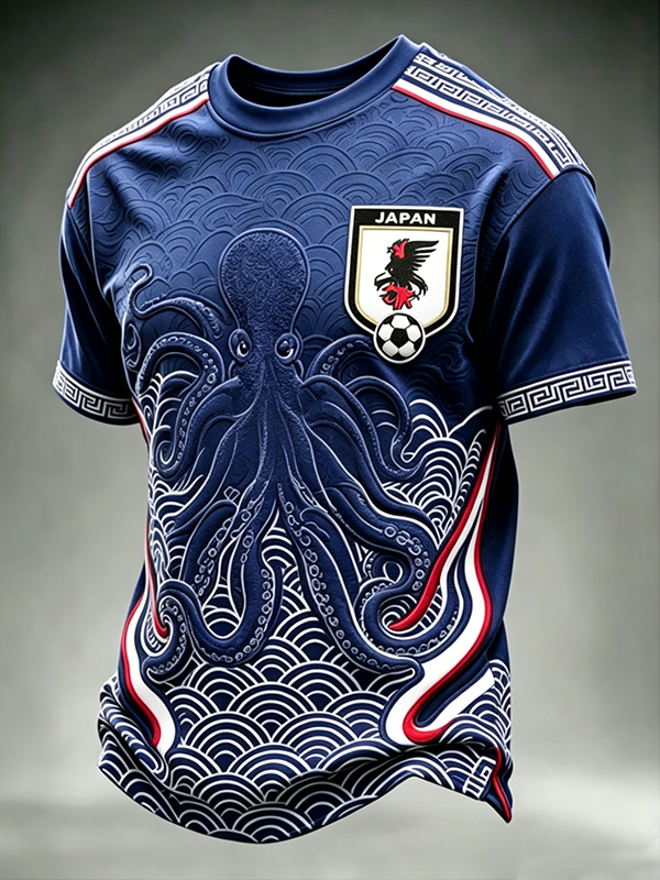 Men's Japan Octopus Great Wave Soccer Print T-Shirt