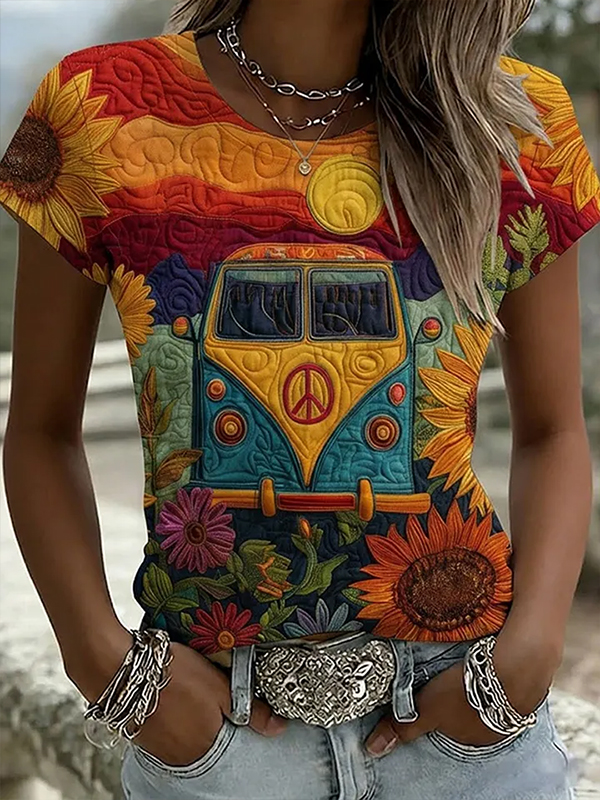 Women's Hippie Art Bus Sunflower Sunset Colorblock Quilted Print Casual T-Shirt