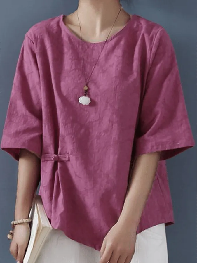 Women's Cotton Vintage Jacquard Frog Button Half Sleeve Casual Round Neck Shirt