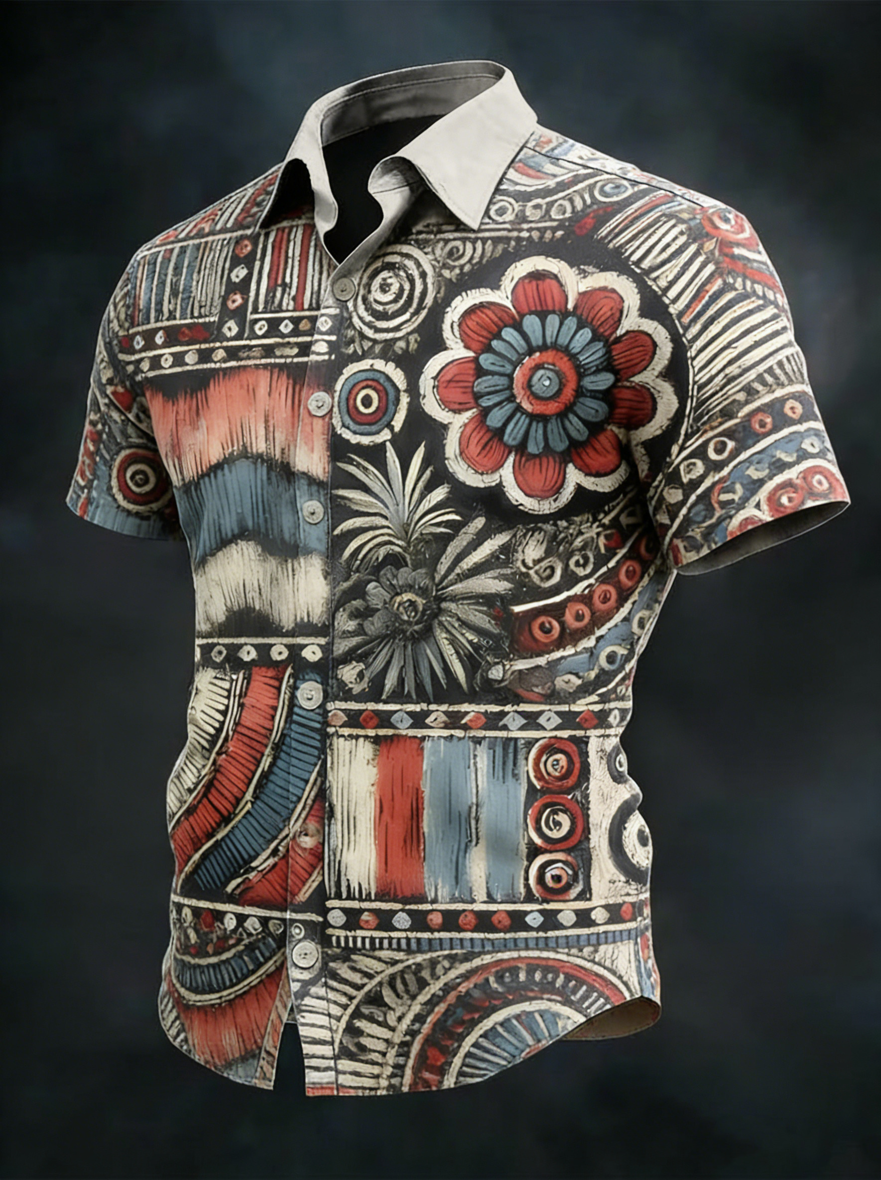 Men's Vintage Tribal Ethnic Geometric Floral Art Print Shirt