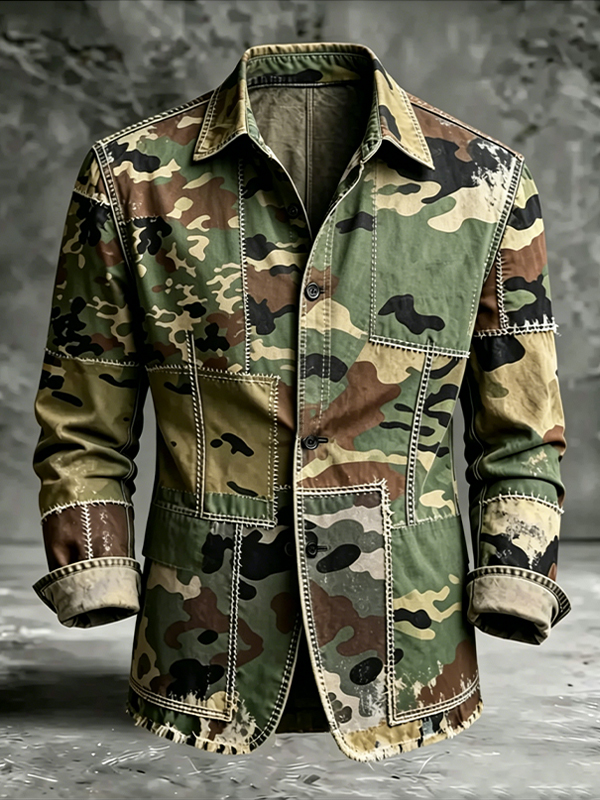 Men's Stitching Art Retro Camo Print Long Sleeve Shirt
