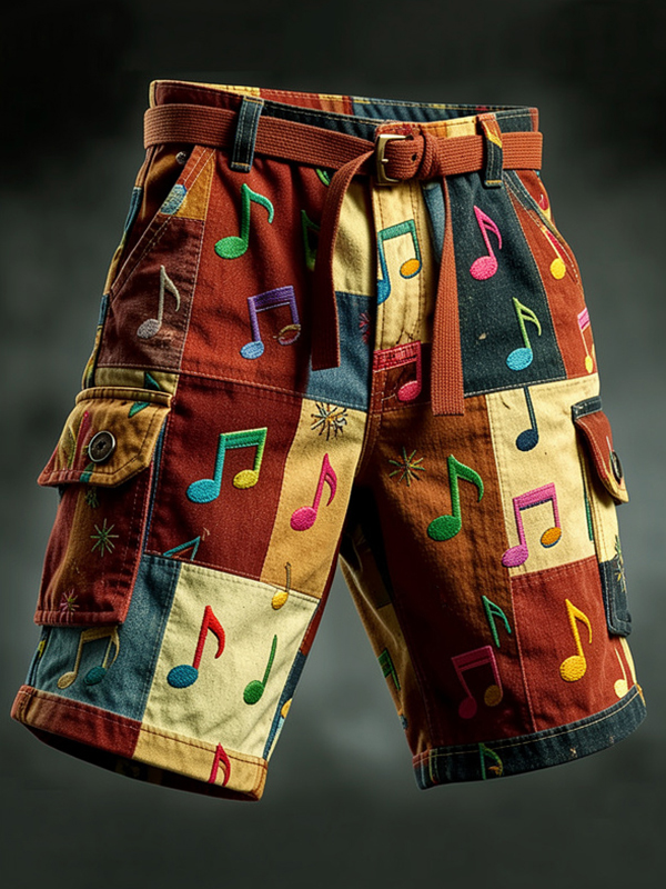 Men's Colorful Musical Notes Print Denim-Like Cargo Shorts