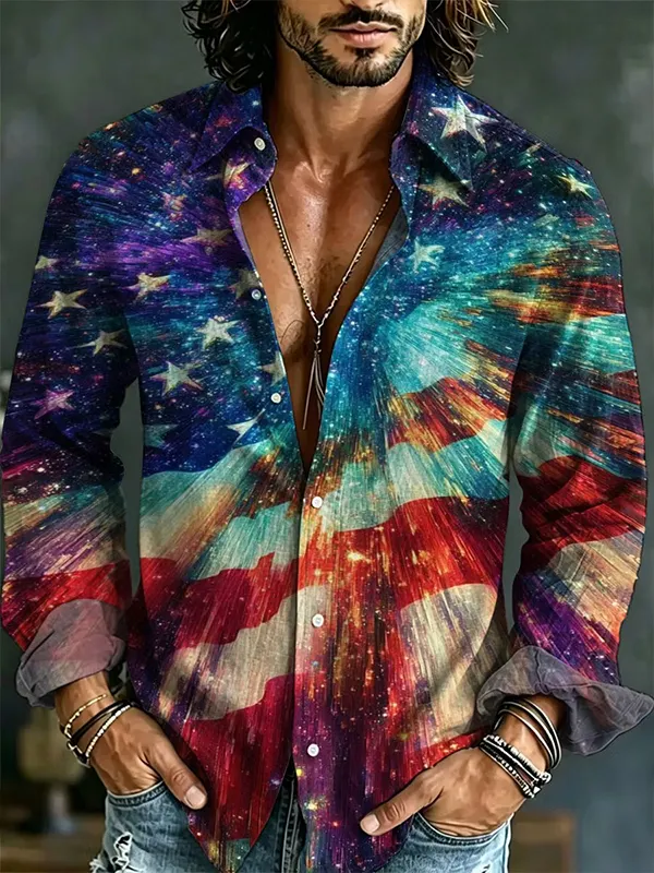 Men's Galaxy American Flag Gradient Print Long Sleeve Shirt
