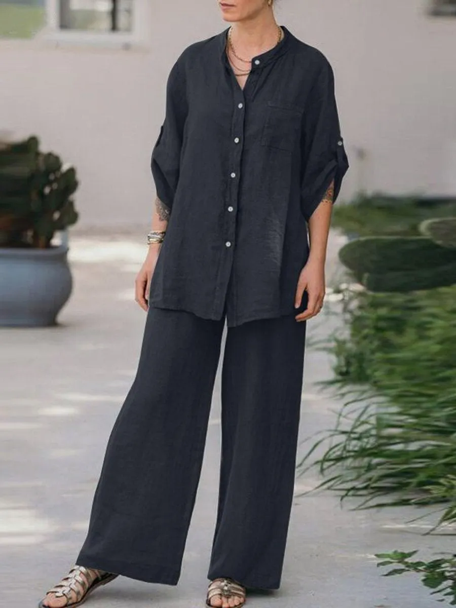 Women's Spring Solid Color Long- Sleeve Shirt and Pants Two Piece Set