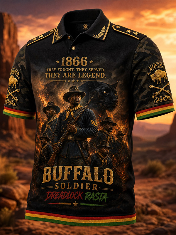 Men's 1866 Buffalo Soldiers Legend Black Camo Rasta Stripe Trim Print Polo Shirt