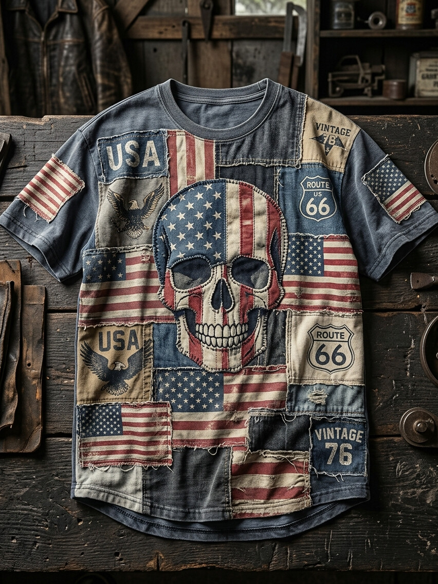 Men's Independence Day Skull USA Flag Geometric Collage Print Casual T-Shirt