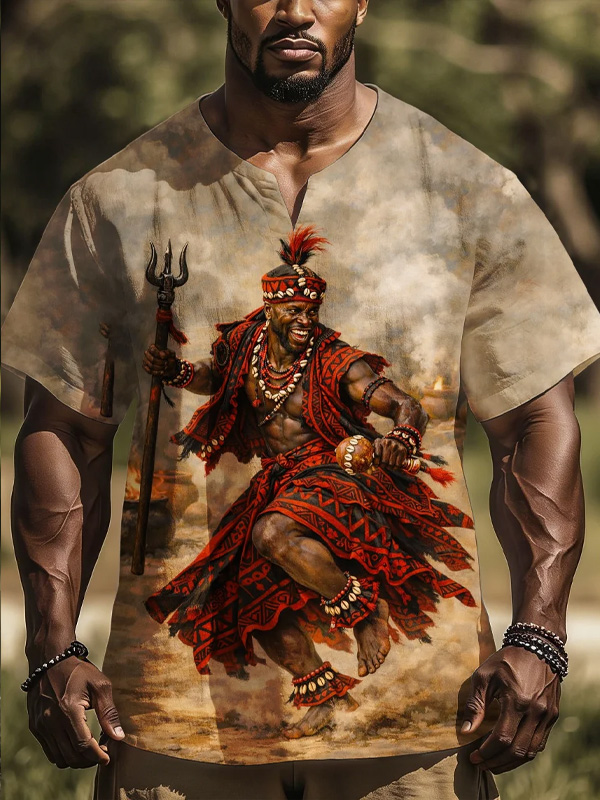 Men's Retro African Traditional Art Trident Print Casual Notch Neck T-Shirt