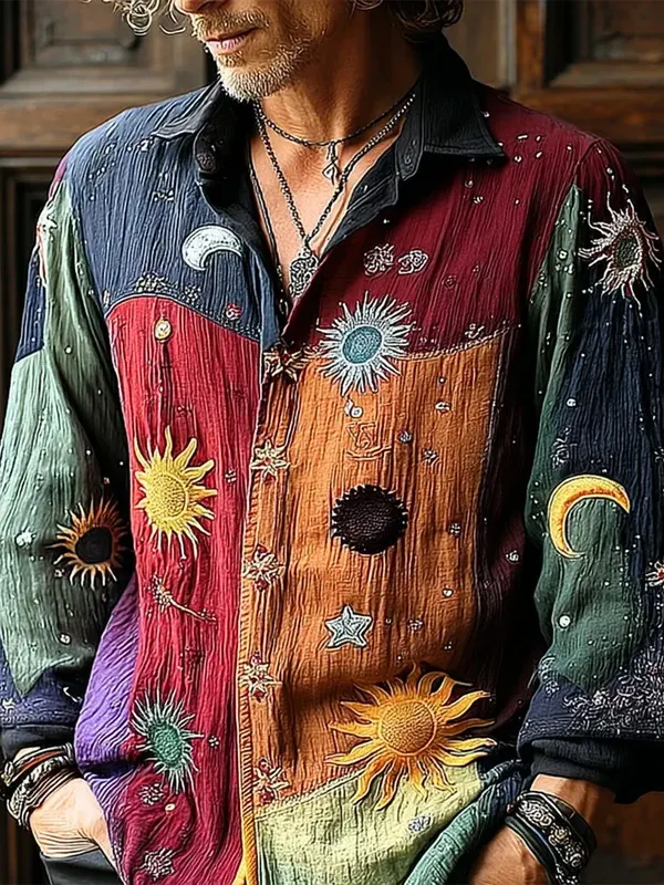 Men's Boho Sun Moon Star Color Block Patchwork Art Print Long Sleeve Shirt