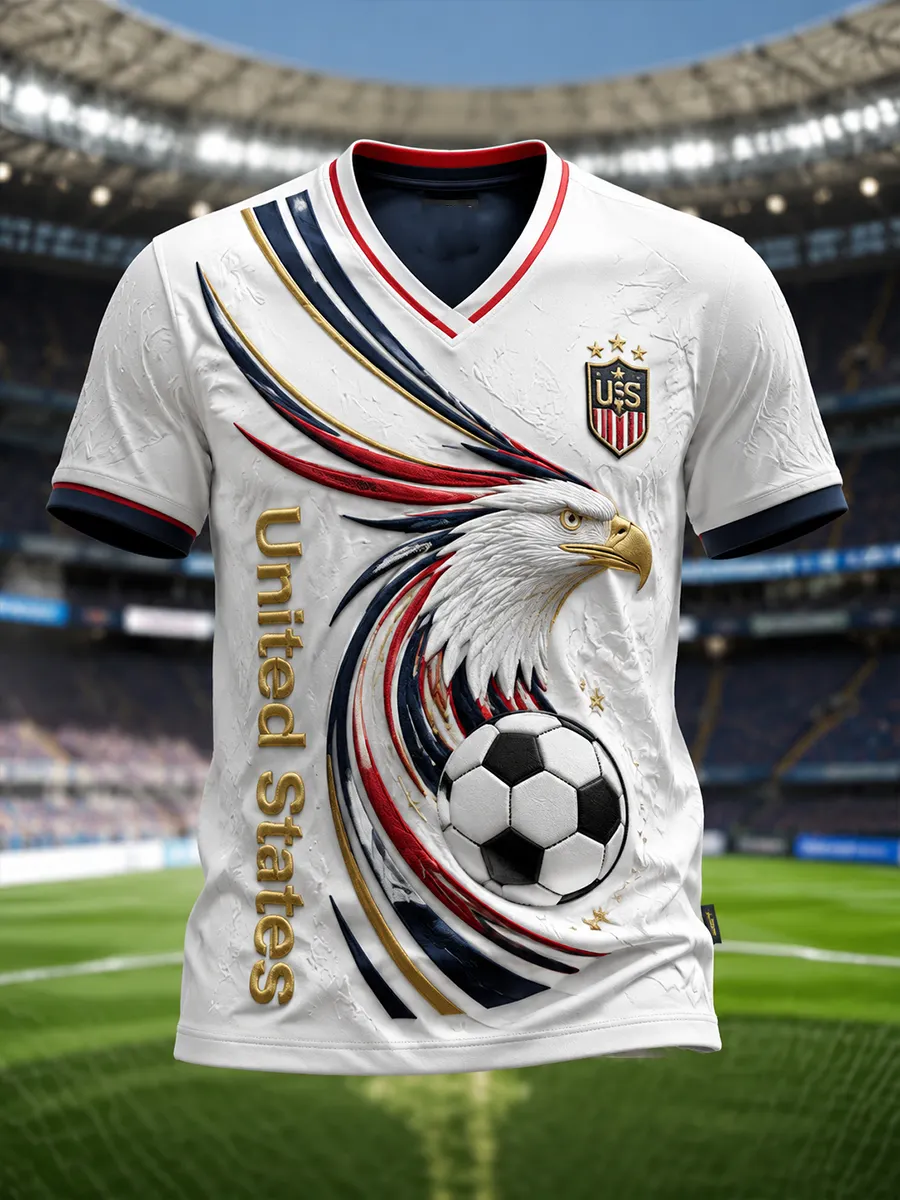 Men's United States Soccer Abstract Bald Eagle Print Casual V Neck T-Shirt