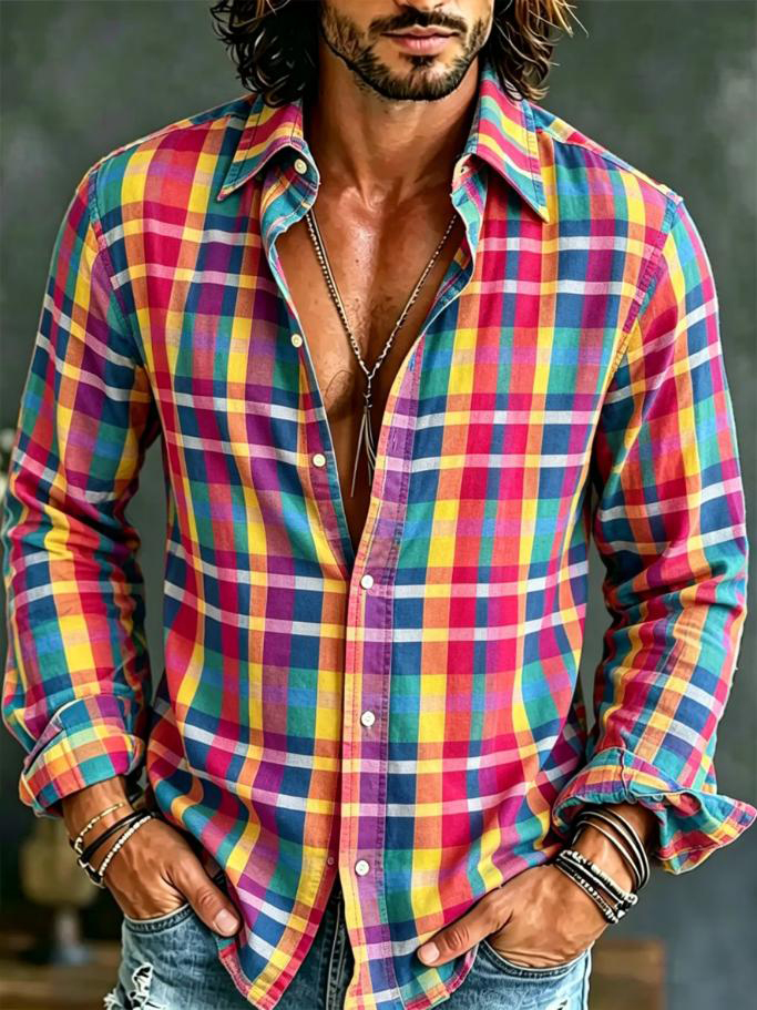 Men's Rainbow Geometric Checkered Art Print Long Sleeve Shirt